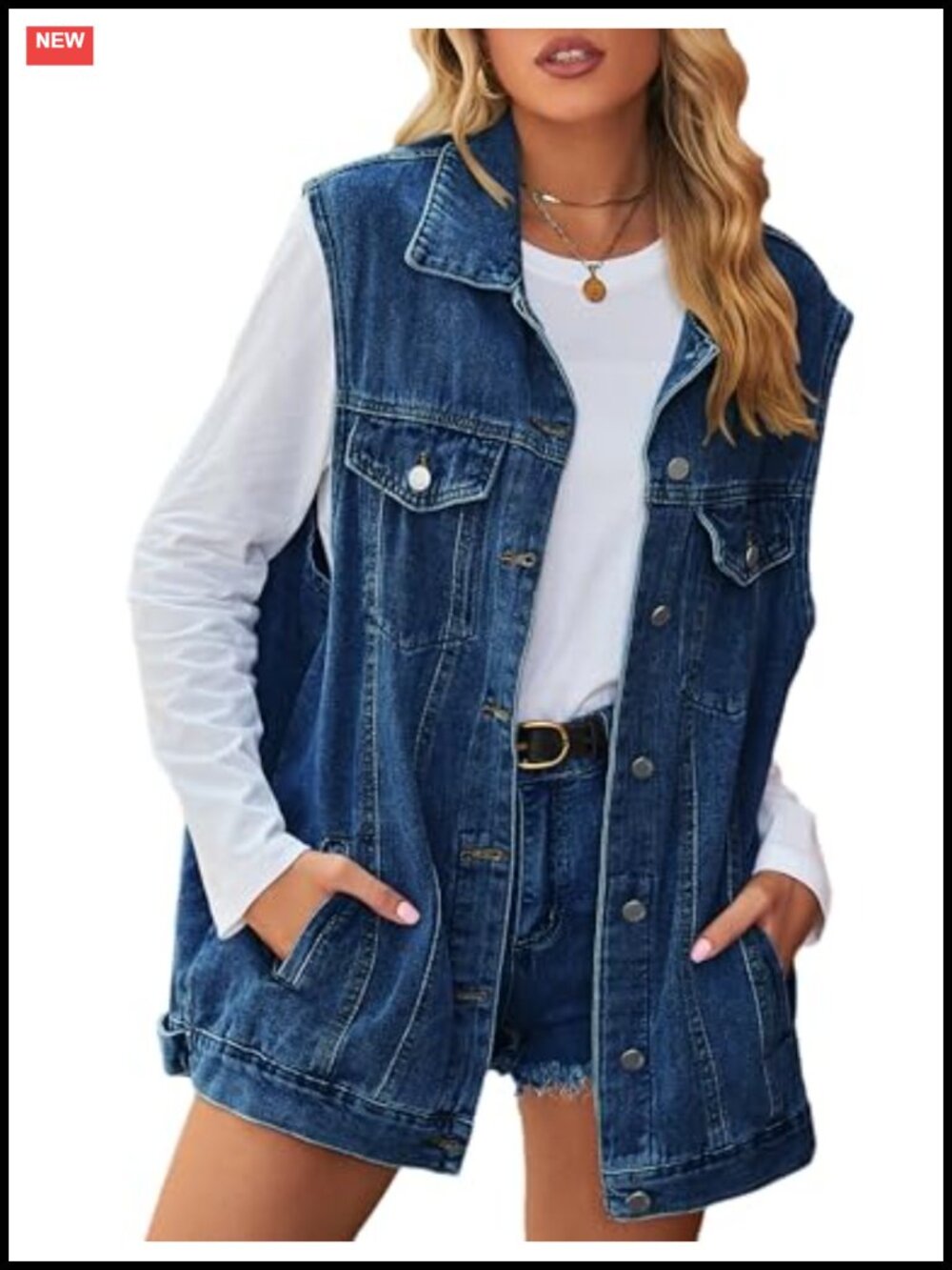 Oversized Women's Denim Vest Button Down Sleeveless Mid Long Jean Waistcoat